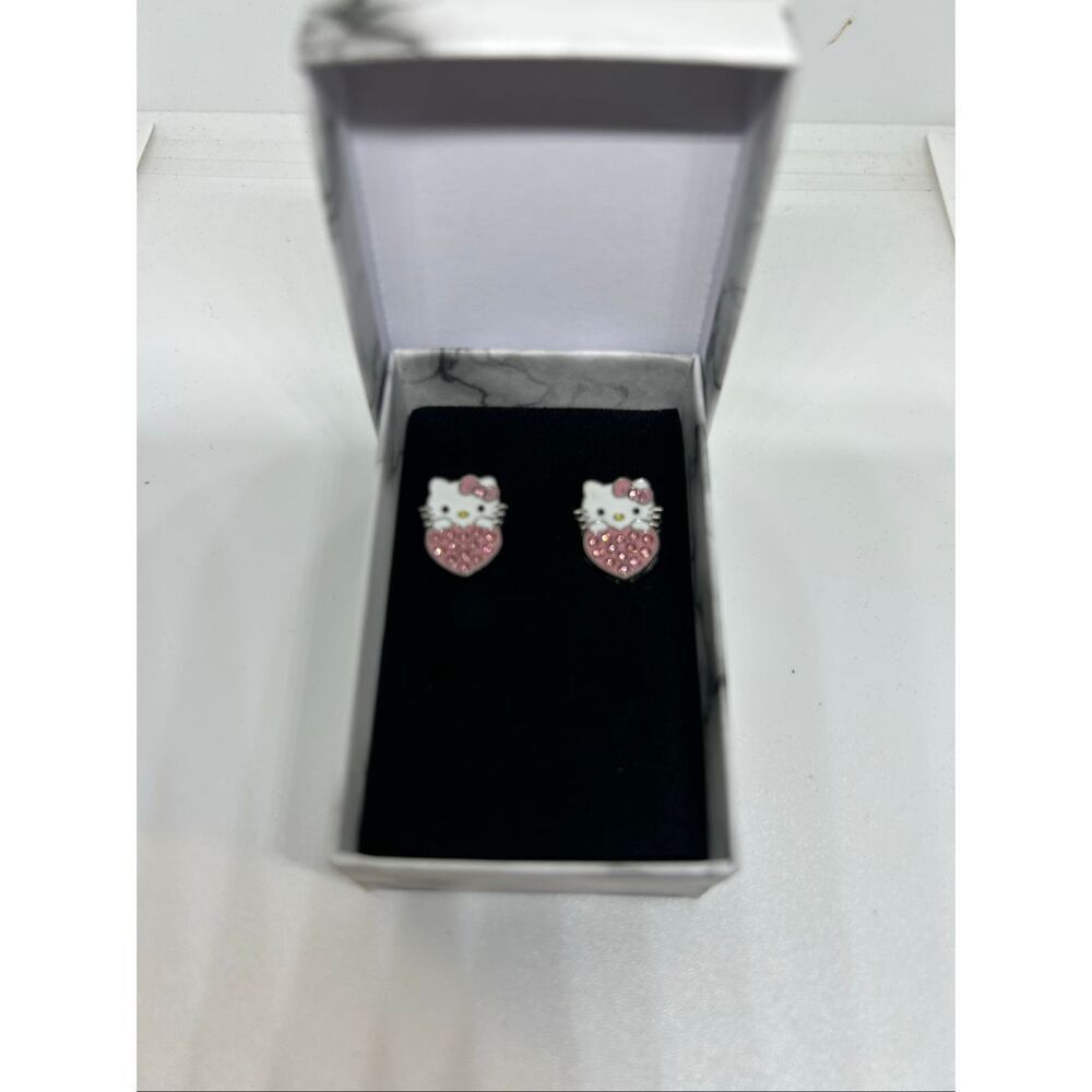 🎀 Hello Kitty Pink Rhinestone Heart Stud Earrings | New | Gift Ready 🎀